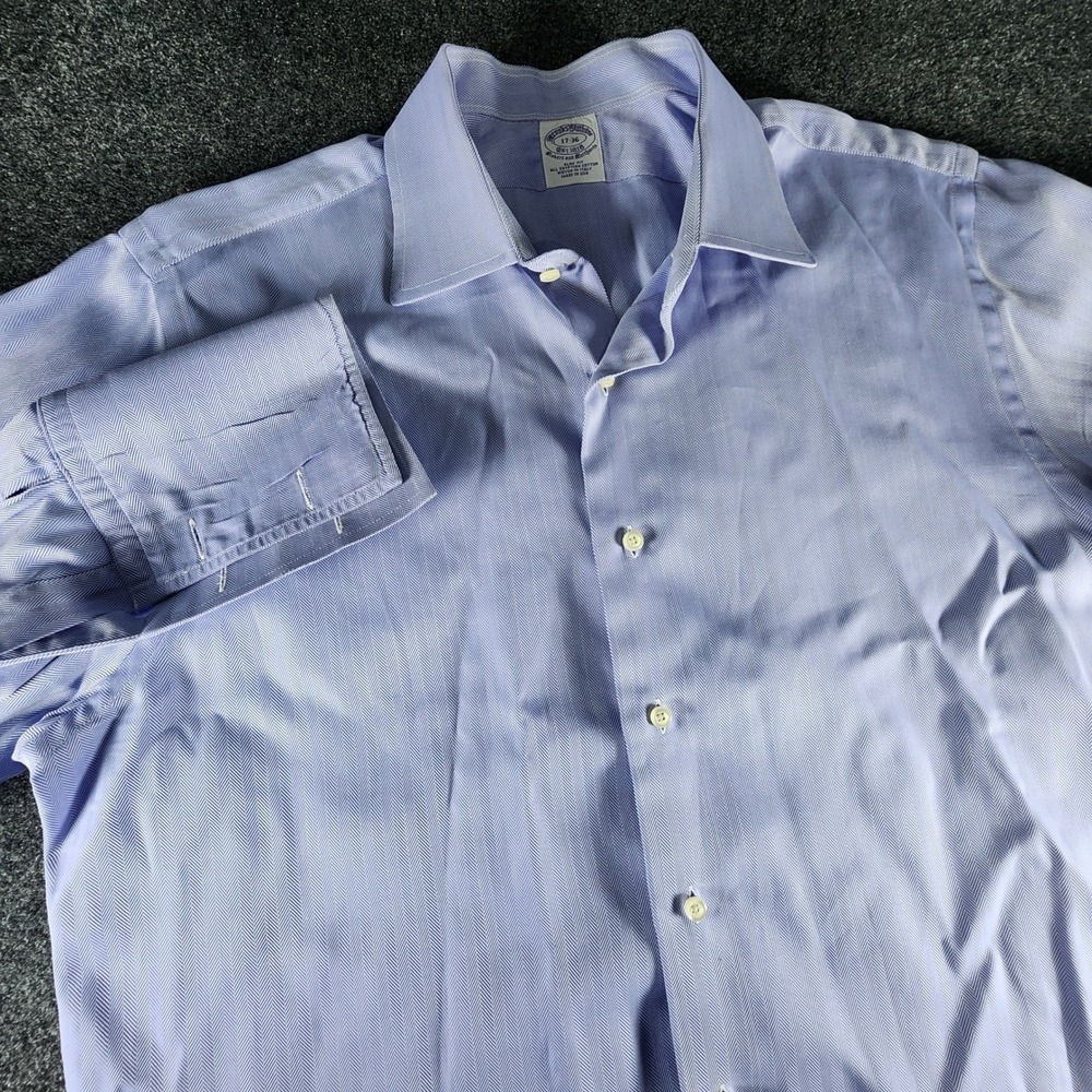 Brooks Brothers Slim Fit Dress Shirt 17-36 Blue Herringbone Cotton‎ USA-MADE
